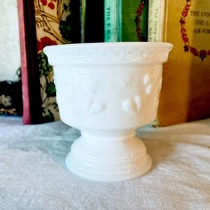 Vintage Milk Glass Pedestal Bowl with Heart Vine Pattern